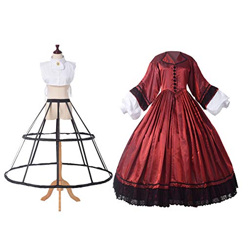 GRACEART Historisches Kostüm American War Dress Damen 1818er Jahre Langarm mit Petticoat Victorian Georgian Kleider mit Krinoline (M, Weinrot) von GRACEART