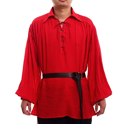 GRACEART Mittelalter Gothic Victorian Piratenhemd Langarmshirt Steampunk Männer Hemd Rot(mit Gürtel),M von GRACEART