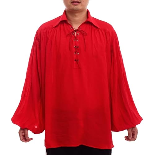 GRACEART Mittelalter Gothic Victorian Piratenhemd Langarmshirt Steampunk Männer Hemd Rot,M von GRACEART
