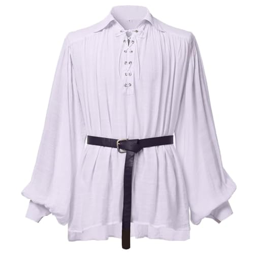 GRACEART Mittelalter Gothic Victorian Piratenhemd Langarmshirt Steampunk Männer Hemd Weiß(mit Gürtel),M von GRACEART