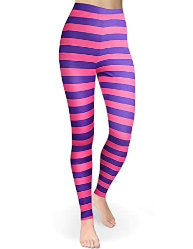 GRAJTCIN Damen Gestreifte Workout Leggings Lustige Bedruckte Hose für Halloween Cosplay Party, Rosa und lila gestreift, Groß von GRAJTCIN