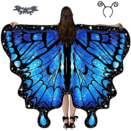 GRAJTCIN Druck auf beiden Seiten Schmetterlingsflügel Schal - Halloween Fee Kostüm Schmetterling Umhang für Frauen, #05 Starry Blue, Adult (66" x 53") von GRAJTCIN