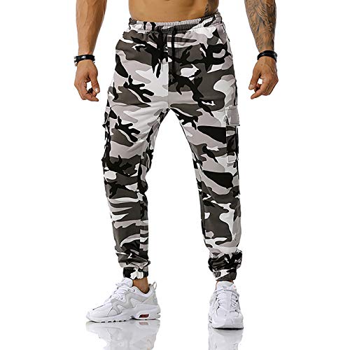 GRAJTCIN Herren Casual Camouflage Jogger Elastische Taille Sweatpants - Grau - Groß von GRAJTCIN
