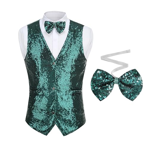 GRAJTCIN Herren-Pailletten-Weste mit V-Ausschnitt, Ballweste, Jacke, glänzend, Partykleid, Anzugweste, Fliege-Set, Grün , Small von GRAJTCIN