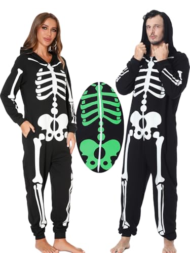 GRAJTCIN Skelett Onesie Kostüm Erwachsene Halloween Comfy Easy Glow in the Dark Skelett Jumpsuit Hoodies Onesies for Couple, Herren schwarz, Small von GRAJTCIN