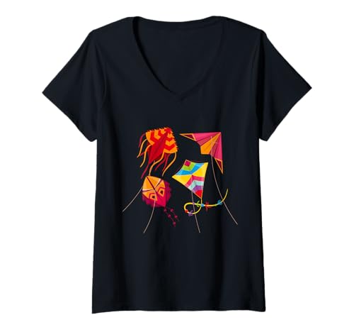 Damen Drachen steigen Lassen Herbst Drachen T-Shirt mit V-Ausschnitt von GRAKIMO Drachen steigen