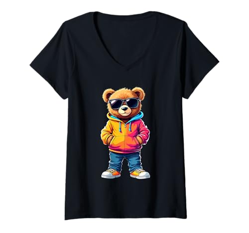 Damen Coole Teddybär Grafik Herren Damen Jungen Mädchen Teddy T-Shirt mit V-Ausschnitt von GRAKIMO Teddy Bear Streetwear
