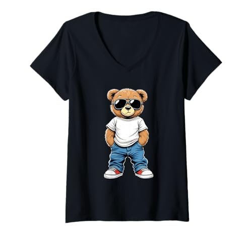 Damen Coole Teddybär Grafik Herren Damen Jungen Mädchen Teddy T-Shirt mit V-Ausschnitt von GRAKIMO Teddy Bear Streetwear