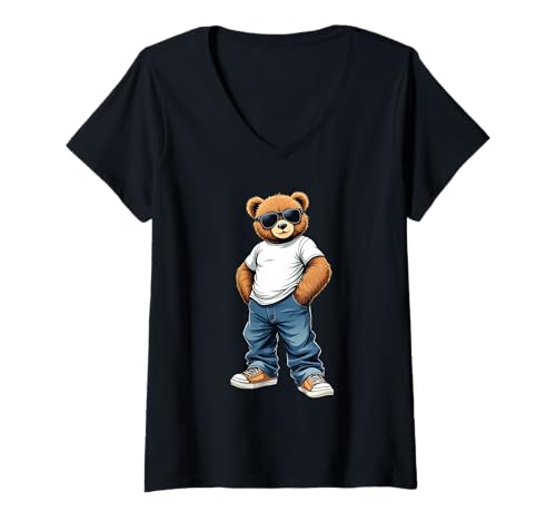 Damen Coole Teddybär Grafik Herren Damen Jungen Mädchen Teddy T-Shirt mit V-Ausschnitt von GRAKIMO Teddy Bear Streetwear