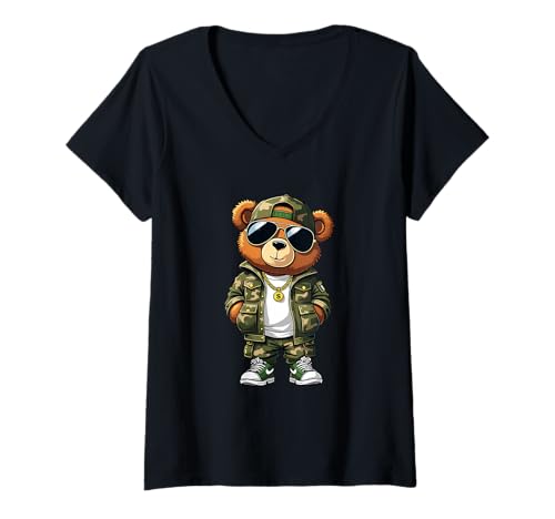 Damen Coole Teddybär Grafik Herren Damen Jungen Mädchen Teddy T-Shirt mit V-Ausschnitt von GRAKIMO Teddy Bear Streetwear