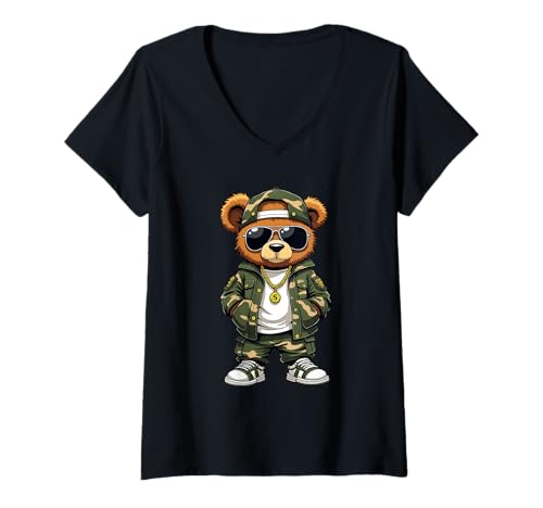 Damen Coole Teddybär Grafik Herren Damen Jungen Mädchen Teddy T-Shirt mit V-Ausschnitt von GRAKIMO Teddy Bear Streetwear