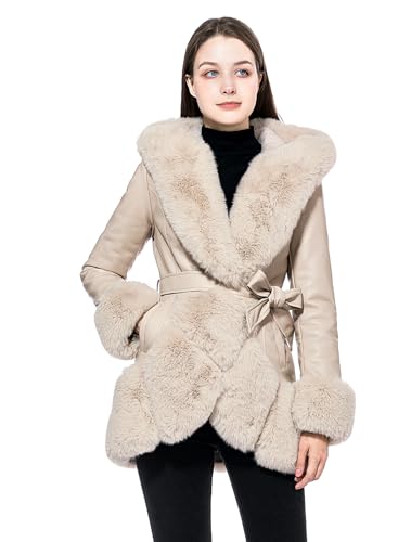 GRAN ORIENTE Damen Kunstleder Jacke mit Kunstfell Futter und Kragen Warm Winter Langarm Button-Down Mantel mit Gürtel, aprikose, Medium von GRAN ORIENTE