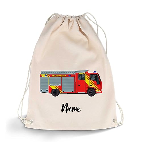 GRAVURZEILE Bedruckter Turnbeutel - Cartoon Feuerwehr Design & Wunschname - Sportbeutel Rucksack Daypack Gymbag mit Kordelzug - für Schule & Freizeit Sport - für Jungen & Mädchen - 12 Liter 33x45 cm von GRAVURZEILE