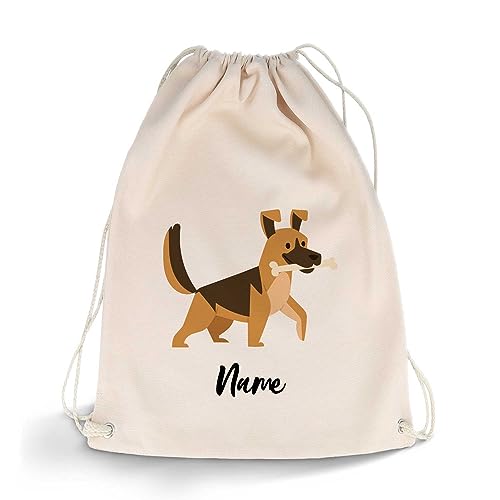 GRAVURZEILE Bedruckter Turnbeutel - Cartoon Hund & Wunschname - Sportbeutel Rucksack Daypack Gymbag mit Kordelzug - für Schule & Freizeit Sport - für Kinder Jungen & Mädchen - 12 Liter 33x45 cm von GRAVURZEILE