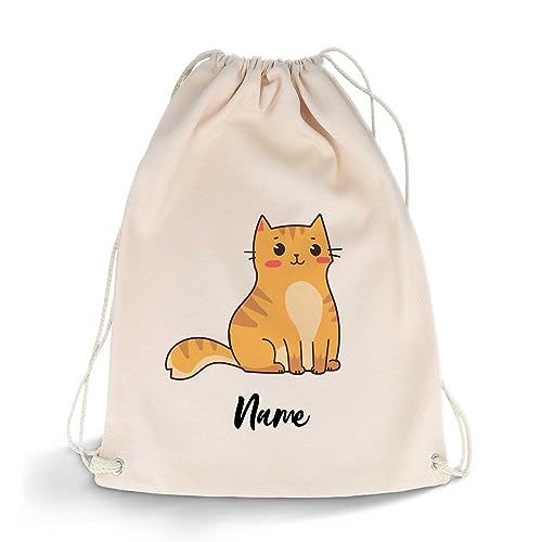 GRAVURZEILE Bedruckter Turnbeutel - Cartoon Katze & Wunschname - Sportbeutel Rucksack Daypack Gymbag mit Kordelzug - für Schule & Freizeit Sport - für Kinder Jungen & Mädchen - 12 Liter 33x45 cm von GRAVURZEILE