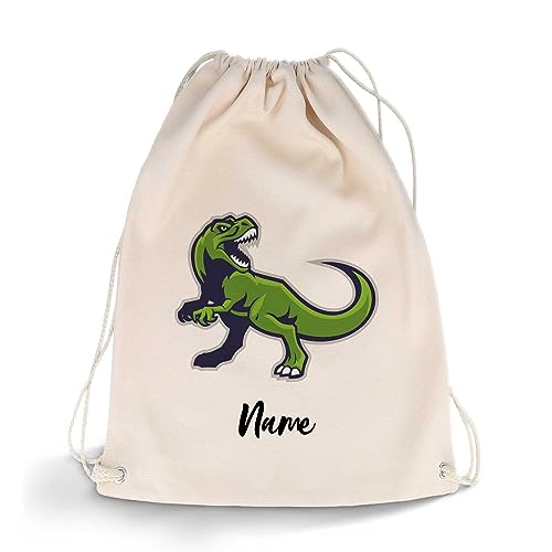 GRAVURZEILE Bedruckter Turnbeutel - Cartoon T-Rex & Wunschname - Sportbeutel Rucksack Daypack Gymbag mit Kordelzug - für Schule & Freizeit Sport - für Kinder Jungen & Mädchen - 12 Liter 33x45 cm von GRAVURZEILE