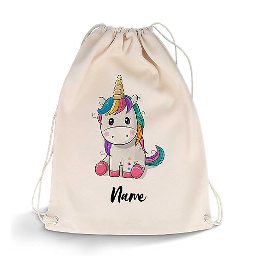 GRAVURZEILE Bedruckter Turnbeutel - Cute Unicorn Design & Wunschname - Sportbeutel Rucksack Daypack Gymbag mit Kordelzug - für Schule & Freizeit Sport - für Mädchen - 12 Liter 33x45 cm von GRAVURZEILE