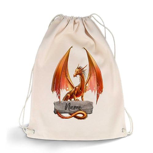 GRAVURZEILE Bedruckter Turnbeutel - Drache & Wunschname - Sportbeutel Rucksack Daypack Gymbag mit Kordelzug - für Schule und Freizeit Sport - für Kinder Jungen & Mädchen - 12 Liter 33x45 cm von GRAVURZEILE