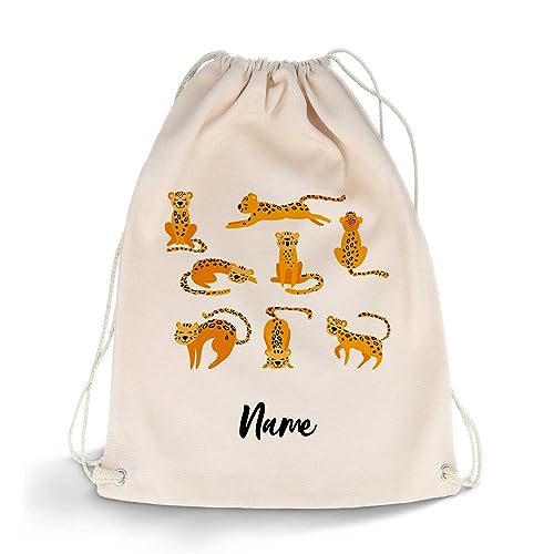 GRAVURZEILE Bedruckter Turnbeutel - Leopard Design & Wunschname - Sportbeutel Rucksack Daypack Gymbag mit Kordelzug - für Schule & Freizeit Sport - für Jungen & Mädchen - 12 Liter 33x45 cm von GRAVURZEILE