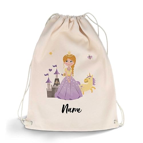 GRAVURZEILE Bedruckter Turnbeutel - Prinzessin & Wunschname - Sportbeutel Rucksack Daypack Gymbag mit Kordelzug - für Schule und Freizeit Sport - für Mädchen - 12 Liter 33x45 cm von GRAVURZEILE