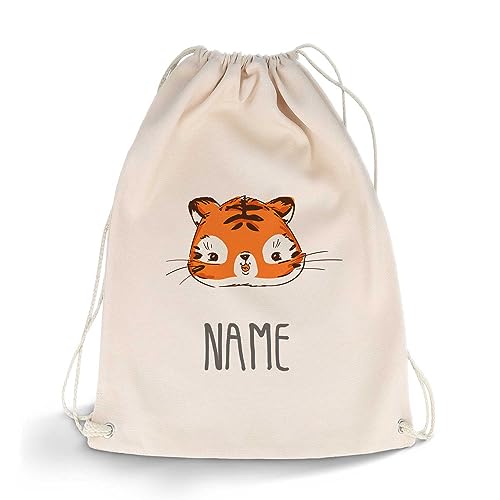 GRAVURZEILE Bedruckter Turnbeutel - Tier mit Wunschnamen - personalisiert mit Namen - Sportbeutel Rucksack Daypack Gymbag mit Kordelzug - für Sport & Freizeit - 12l 33x45 cm - Farbe: Tiger von GRAVURZEILE