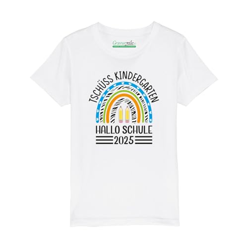 GRAVURZEILE Bedrucktes T-Shirt für Kinder - Kita Abgänger 2025 Regenbogen - Geschenk zum Kindergartenabschied & zur Einschulung - 100% Baumwolle - Shirt Jungen & Mädchen - Weiß (Größe: 134/146) von GRAVURZEILE