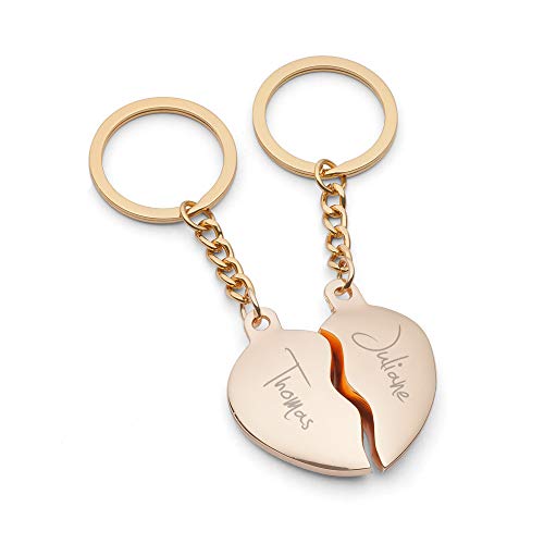 GRAVURZEILE Schlüsselanhänger - Broken Heart im 2er Set - Personalisiert mit Wunschnamen - Farbe: Gold - zwei Herzhälften - schönes Geschenk für Paare zum Einzug, Jahrestag & Valentinstag von GRAVURZEILE