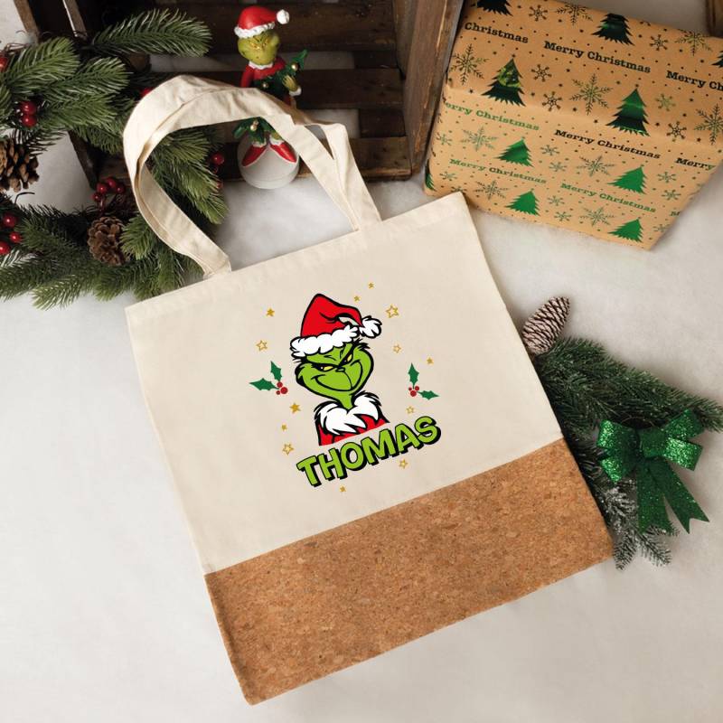 Einkaufstasche Kork - Grinch Mann Personalisiert Mit Name Geschenk Zu Weihnachten Jute Tasche Weihnachtsgeschenk Tragetasche von GRAVURZEILEShop
