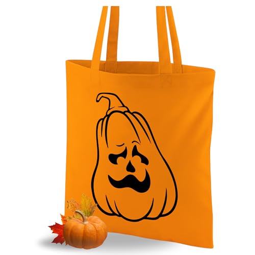 GRAZDesign Halloween Stofftasche Kürbis Gesicht – wiederverwendbare Tragetasche, Süßigkeitenbeutel Trick or Treat, Einkaufstasche orange Motiv 7 von GRAZDesign