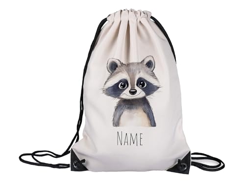 GRAZDesign Personalisierter Kinder Turnbeutel mit niedlichem Waschbär Design – Kindergarten Stoffbeutel mit Namen von GRAZDesign