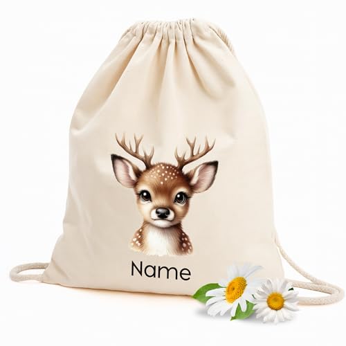 GRAZDesign Personalisiertes Kinder Turnbeutel mit Namen - Stoffbeutel mit Reh Rucksack Wäschewechsel Beutel, beige aus Baumwolle von GRAZDesign