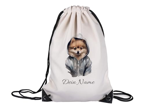 GRAZDesign Turnbeutel Hund mit Namen personalisiert Pomeranian Stoffbeutel für Sport, Schule, Kindergarten, Kinder und Erwachsene von GRAZDesign