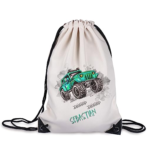 GRAZDesign Turnbeutel Kinder mit Namen personalisiert aus Polyester | Naturfarben | Rucksack | Sportbeutel | Gymbag | Wäschebeutel | Kinder Geschenk (Monstertruck) von GRAZDesign