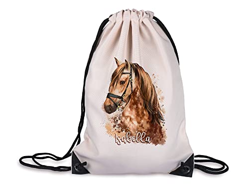 GRAZDesign Turnbeutel Kinder personalisiert mit Namen, Pferd Beutel - Sportbeutel für Mädchen, in beige Motiv Pferdekopf braun, Kinder Tasche für Sport, 100% Polyester, Farbe Natur von GRAZDesign