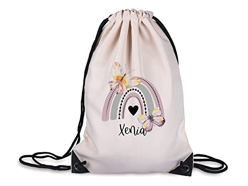 GRAZDesign Turnbeutel Kinder personalisiert mit Namen, Regenbogen Beutel - Sportbeutel für Mädchen Schmetterling, Kinder Tasche für Sport, 100% Polyester, Farbe Natur von GRAZDesign