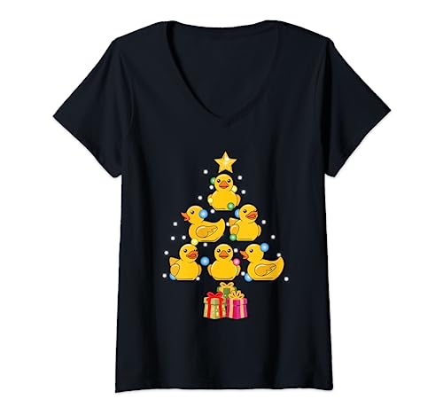 Damen Gummiente Weihnachtsbaum Weihnachten 2023 Ente Junge und Mädchen T-Shirt mit V-Ausschnitt von GRDuck