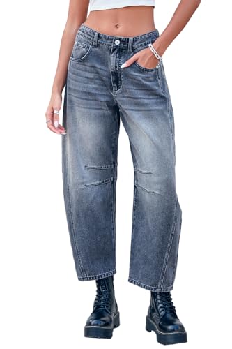 GREAIDEA Mid Rise Barrel Jeans für Damen, weites Bein, mittlere Taille, Cropped-Denim-Hose, Y2k, Baggy-Boyfriend-Jeans mit Taschen, Archiv Grau, Groß von GREAIDEA
