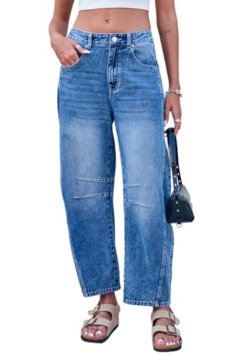 GREAIDEA Mid Rise Barrel Jeans für Damen, weites Bein, mittlere Taille, Cropped-Denim-Hose, Y2k, Baggy-Boyfriend-Jeans mit Taschen, Dunkelblau, M von GREAIDEA