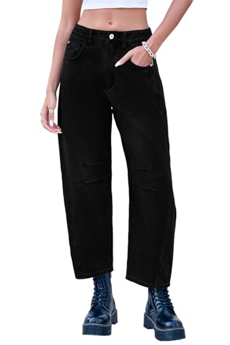 GREAIDEA Mid Rise Barrel Jeans für Damen, weites Bein, mittlere Taille, Cropped-Denim-Hose, Y2k, Baggy-Boyfriend-Jeans mit Taschen, Schwarz, Groß von GREAIDEA