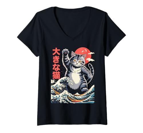 Damen Great CAT & Great Wave - Manga Große Anime Katze Japanisch T-Shirt mit V-Ausschnitt Damen Great CAT & Great Wave - Manga Große Anime Katze Japanisch T-Shirt mit V-Ausschnitt von GREAT CAT & GREAT WAVE - Katze Japan - Ookii neko