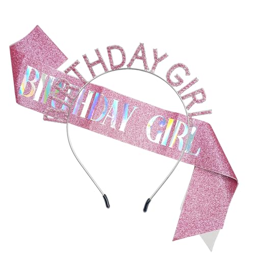 Geburtstagskrone Schärpe Rosa - GREATRIL Mädchen Geburtstag Schärpen Krone mit Birthday Girl Strass Haarschmuck Tiara Party Accessoires Set für Damen Frau Geburtstag Prinzessin Party von GREATRIL