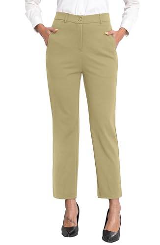 GRECERELLE Anzughose Damen Stoffhose Business Stretch Hose Elegant Elastischer Bund mit Reißverschluss Taschen und Knöpfen Für Büro Geschäft Alltag (Khaki, M) von GRECERELLE
