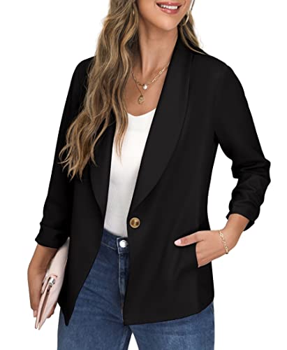 GRECERELLE Blazer Damen Elegant Sommer Leicht Business Geschäft Büro Arbeit Festlich Lang Jacke Blazer für Damen mit Tasche und Knöpfe (Schwarz, 12=40) von GRECERELLE