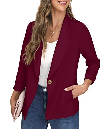 GRECERELLE Blazer Damen Elegant Sommer Leicht Business Geschäft Büro Arbeit Festlich Lang Jacke Blazer für Damen mit Tasche und Knöpfe (Weinrot, 6=34) von GRECERELLE