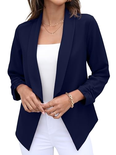 GRECERELLE Blazer Damen Elegant Sommer Leicht Business Geschäft Büro Arbeit Outwear Festlich 3/4 Arm Gerüschte Ärmel Gekürzter Short Bolero Jacke Blazer für Damen (Marineblau, 42) von GRECERELLE