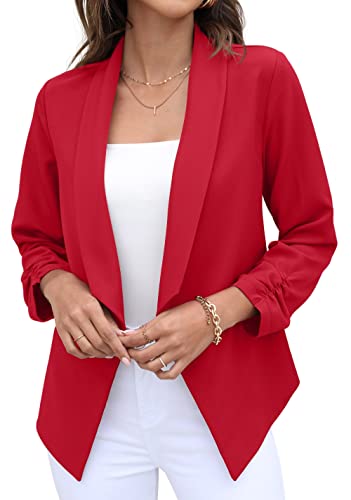 GRECERELLE Blazer Damen Elegant Sommer Leicht Business Geschäft Büro Arbeit Outwear Festlich 3/4 Arm Gerüschte Ärmel Gekürzter Short Bolero Jacke Blazer für Damen (Rot, 36) von GRECERELLE