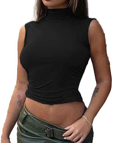 GRECERELLE Crop Tops Damen Ärmellos Rundhals Tank Top Sommer Oberteile Slim Fit Sport Bauchfreie Tops Basic Shirt (Schwarz, S) von GRECERELLE