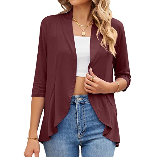GRECERELLE Damen Elegant Casual Strickjacke Leicht 3/4-Arm Cardigan Elegante Casual Open Front Bolero Cover Up (Weinrot, XXL) von GRECERELLE