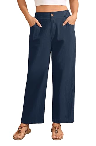 GRECERELLE Damen Hose Leinen Sommerhose Casual Leichte Weite Leg Baumwolle Stoffhose Bequeme Luftige Freizeithose Strandhose Mit Taschen (Marineblau, L) von GRECERELLE
