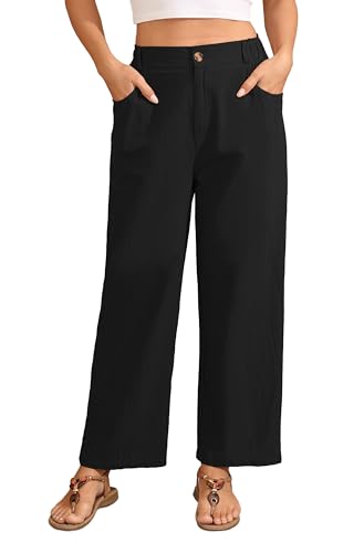 GRECERELLE Damen Hose Leinen Sommerhose Casual Leichte Weite Leg Baumwolle Stoffhose Bequeme Luftige Freizeithose Strandhose Mit Taschen (Schwarz, S) von GRECERELLE
